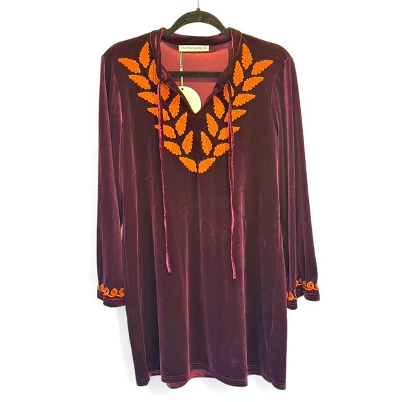 Rusttydustty Burgundy Velvet Embroidered Long Sleeve Boho Dress NWT- Size XL - Picture 1 of 5